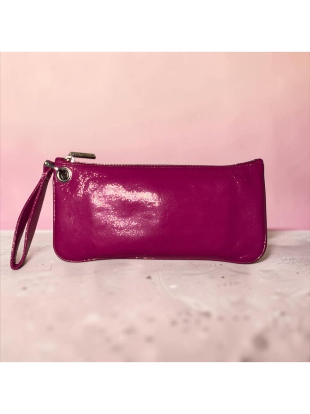HOBO Vida Clutch Fuchsia Pink Patent Leather Wristlet Grommet Accent Full Zip